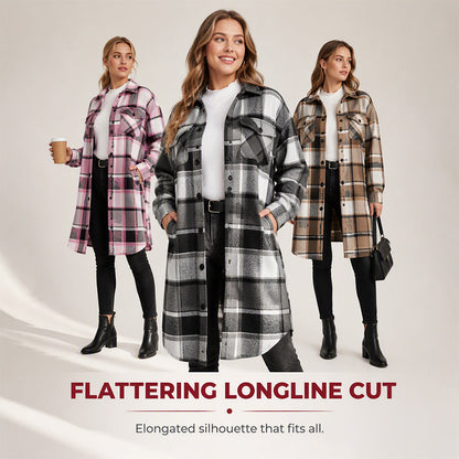 Women's Casual Long Plaid Button Down Shacket
