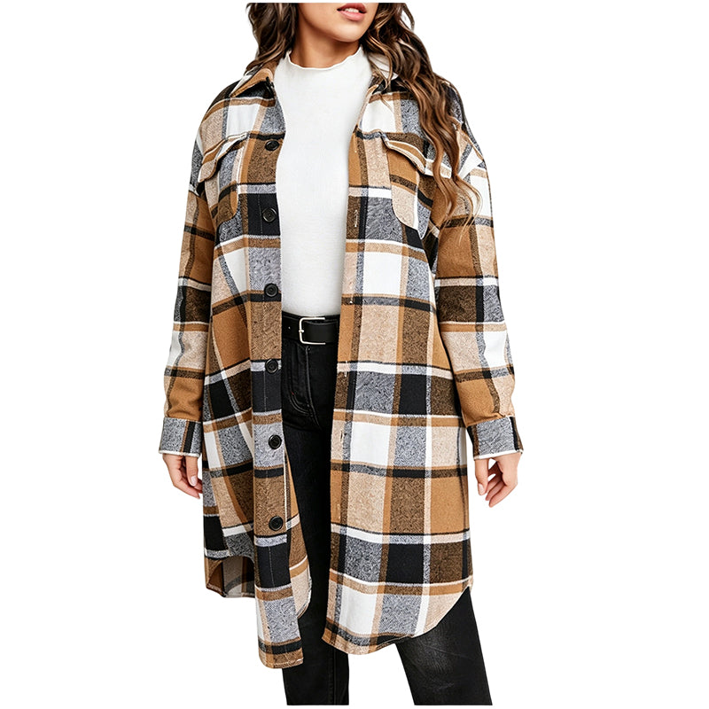 Women's Casual Long Plaid Button Down Shacket