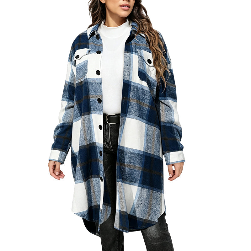 Women's Casual Long Plaid Button Down Shacket