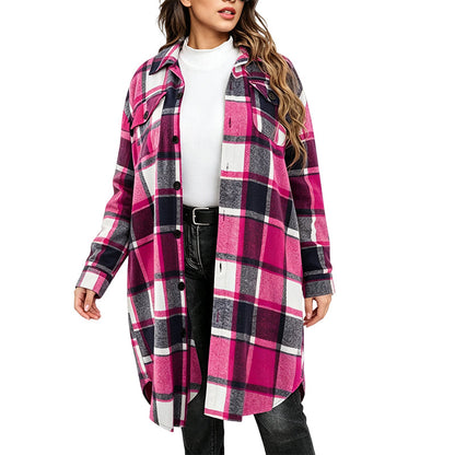 Women's Casual Long Plaid Button Down Shacket