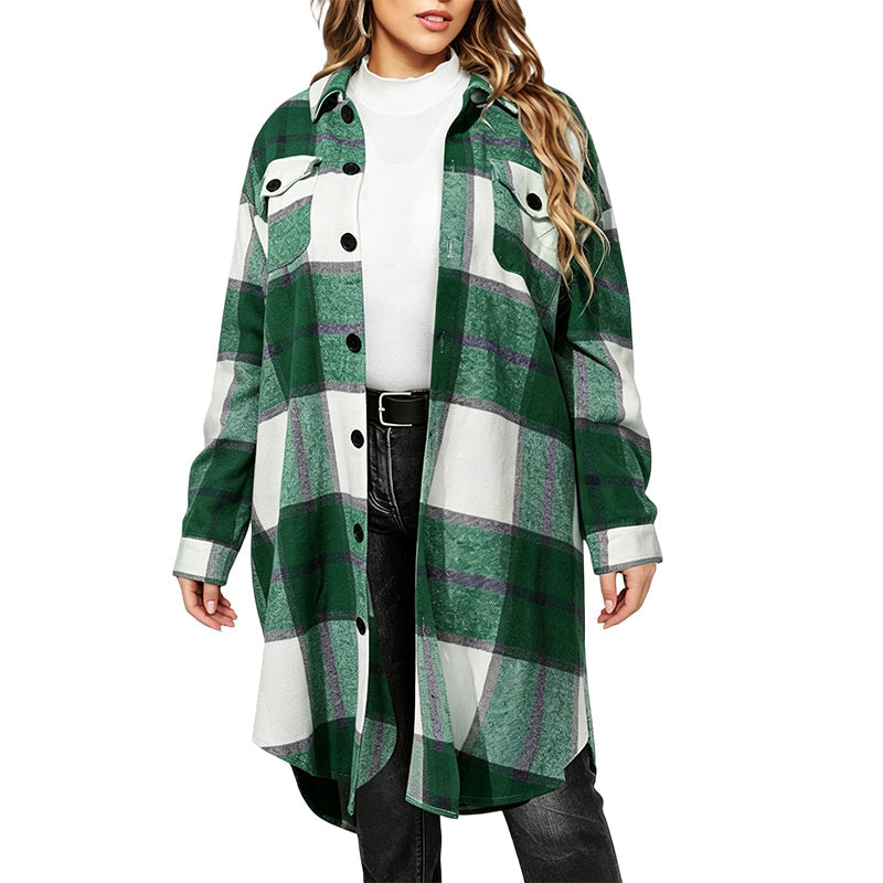 Women's Casual Long Plaid Button Down Shacket