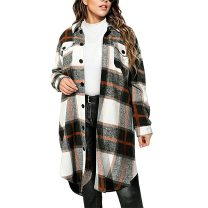 Women's Casual Long Plaid Button Down Shacket
