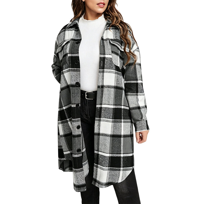 Women's Casual Long Plaid Button Down Shacket