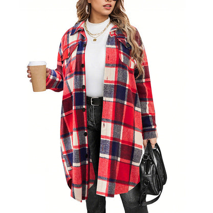 Women's Casual Long Plaid Button Down Shacket