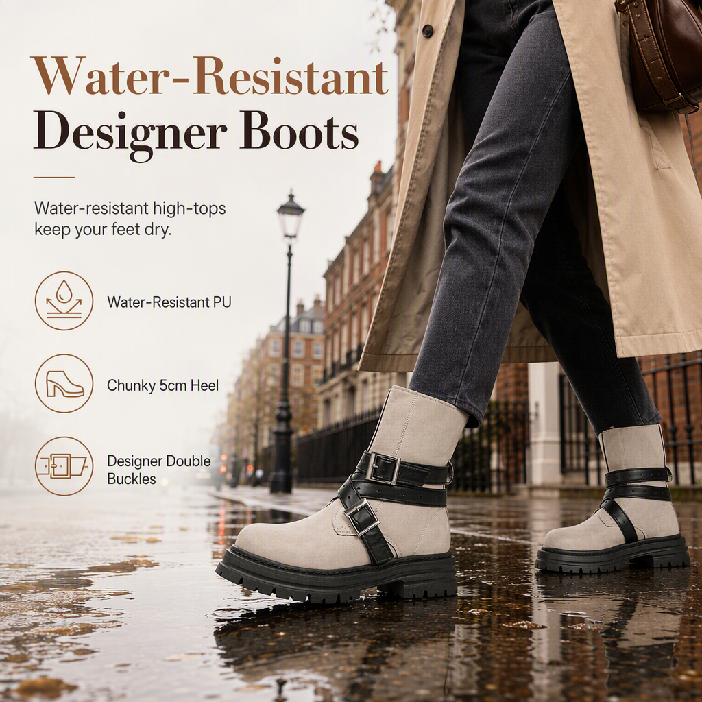 👢 Buckle Detail, Stable Steps | Women's Round-Toe Chunky Mid-Heel Ankle Boots