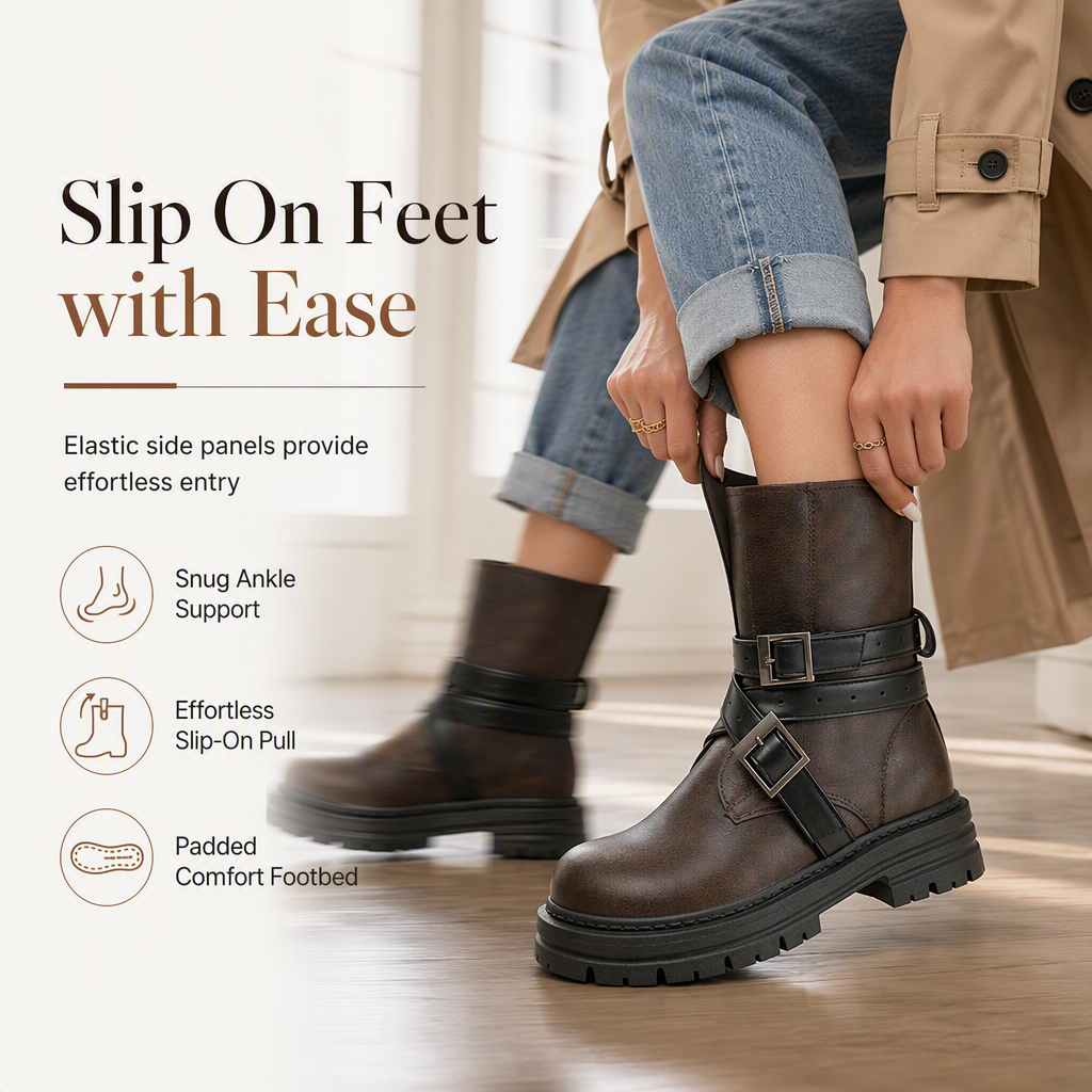 👢 Buckle Detail, Stable Steps | Women's Round-Toe Chunky Mid-Heel Ankle Boots