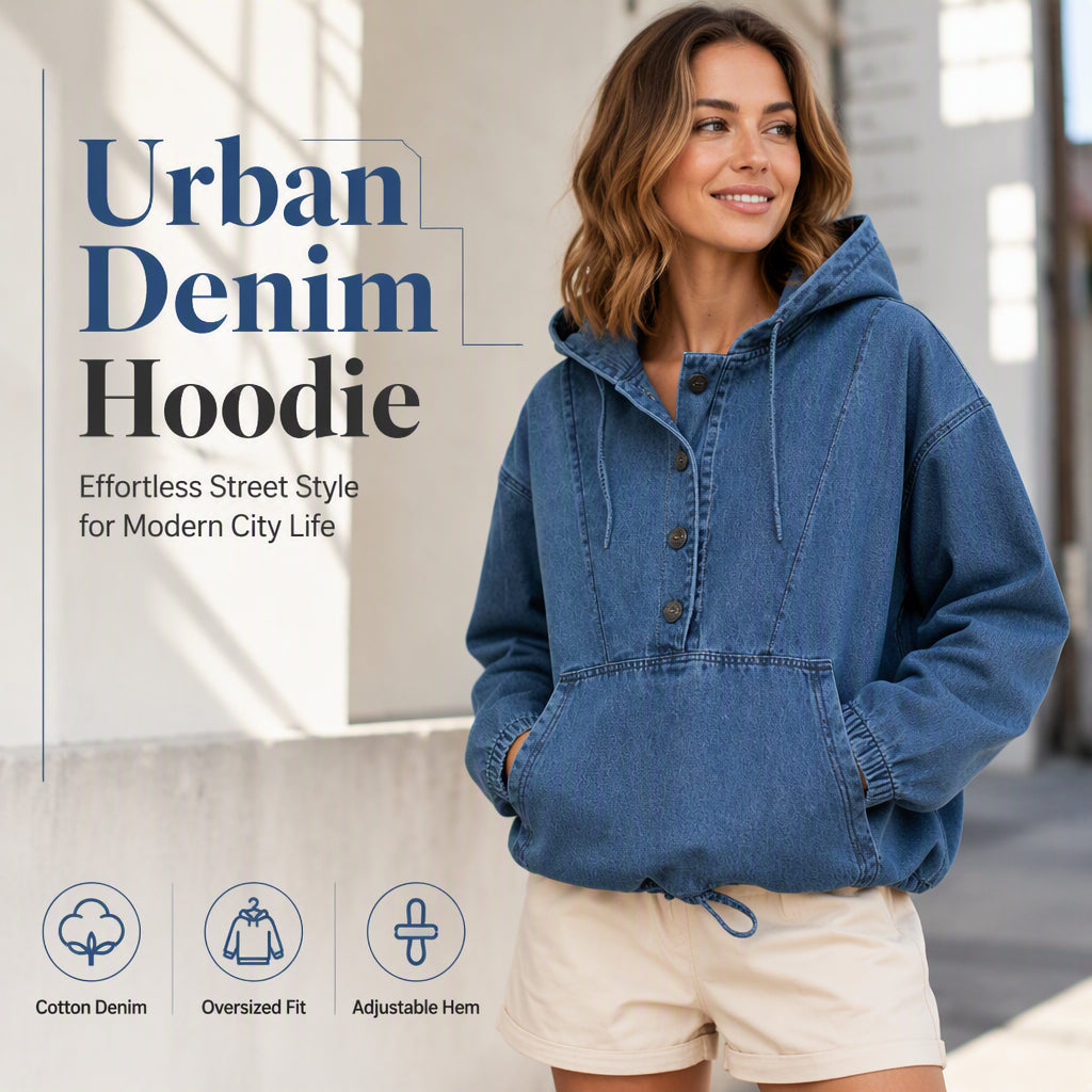 Women's Casual Button Up Denim Hoodie
