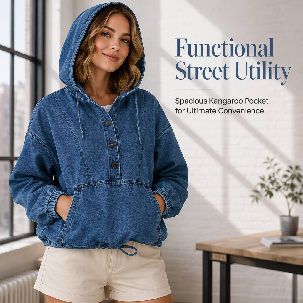 Women's Casual Button Up Denim Hoodie