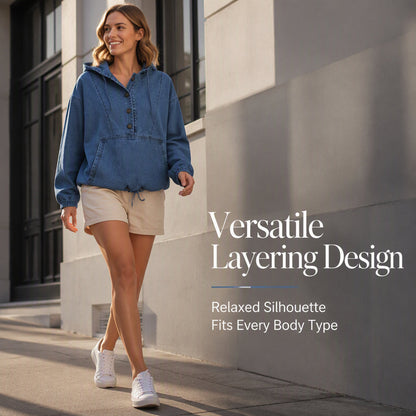 Women's Casual Button Up Denim Hoodie