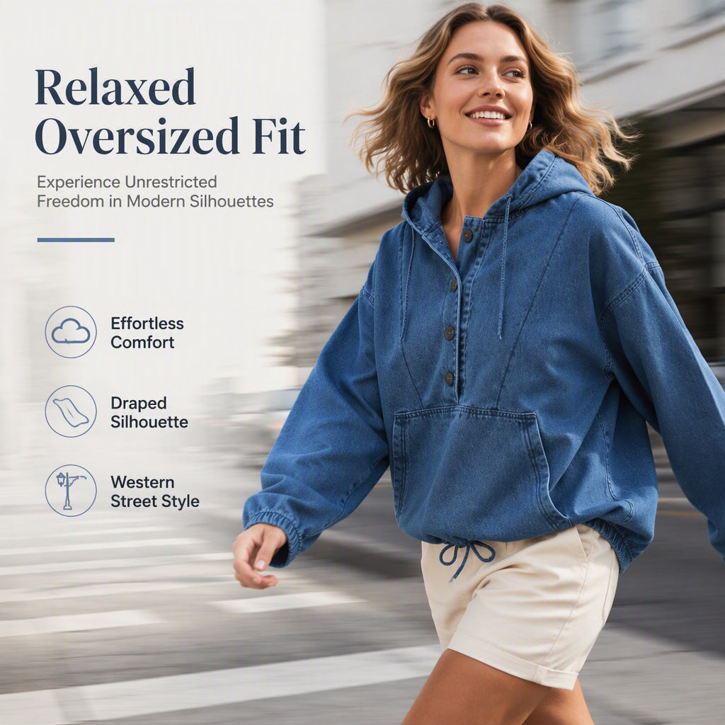 Women's Casual Button Up Denim Hoodie