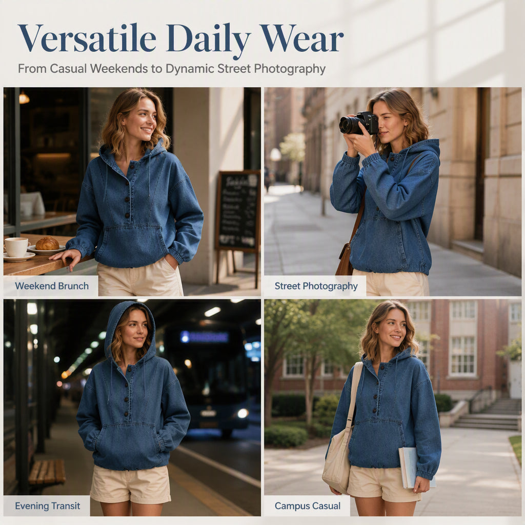 Women's Casual Button Up Denim Hoodie