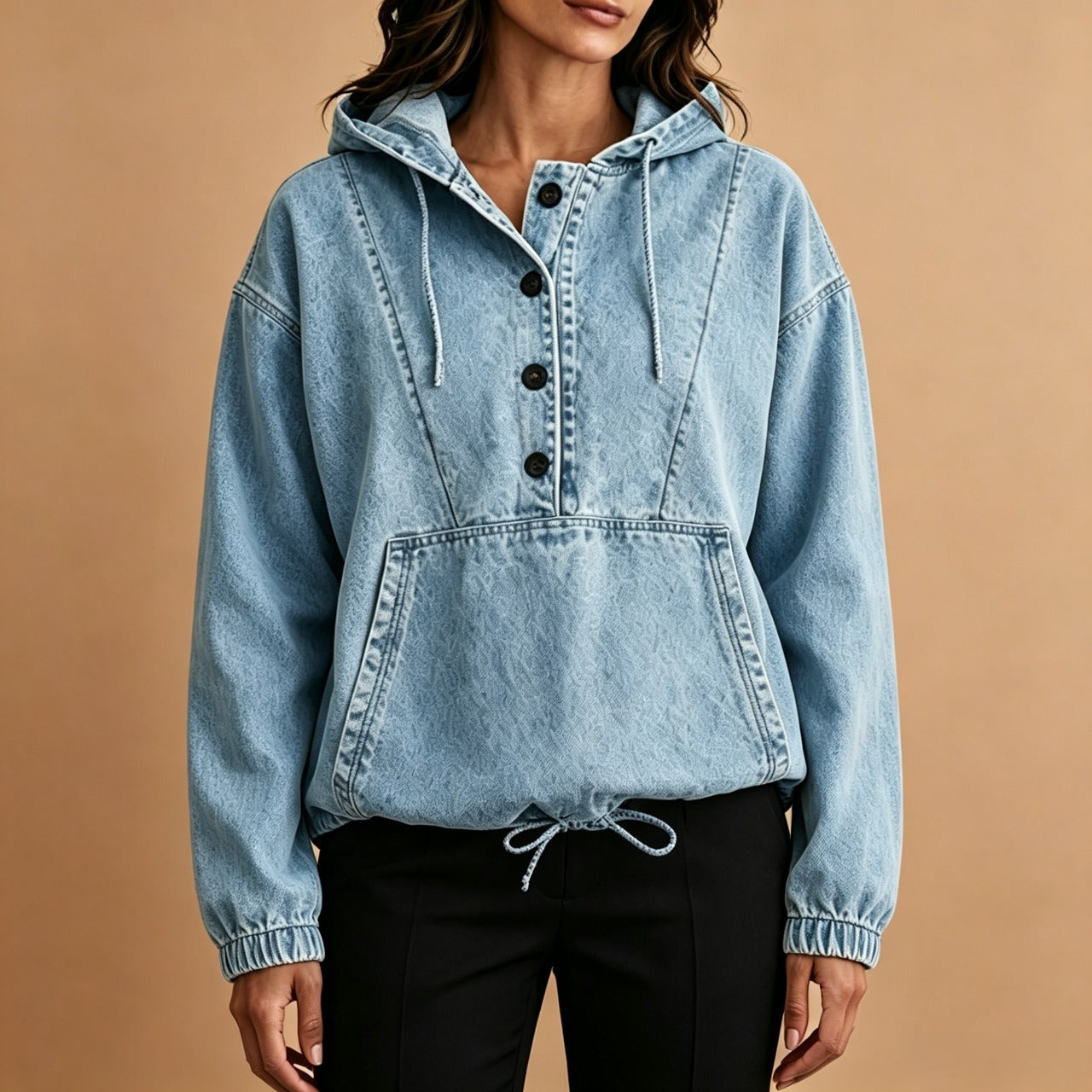 Women's Casual Button Up Denim Hoodie