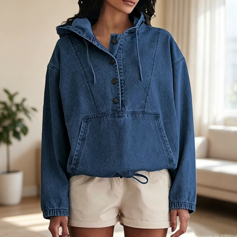 Women's Casual Button Up Denim Hoodie