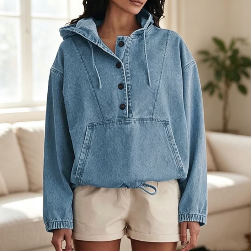 Women's Casual Button Up Denim Hoodie