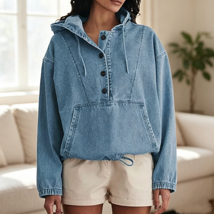 Women's Casual Button Up Denim Hoodie