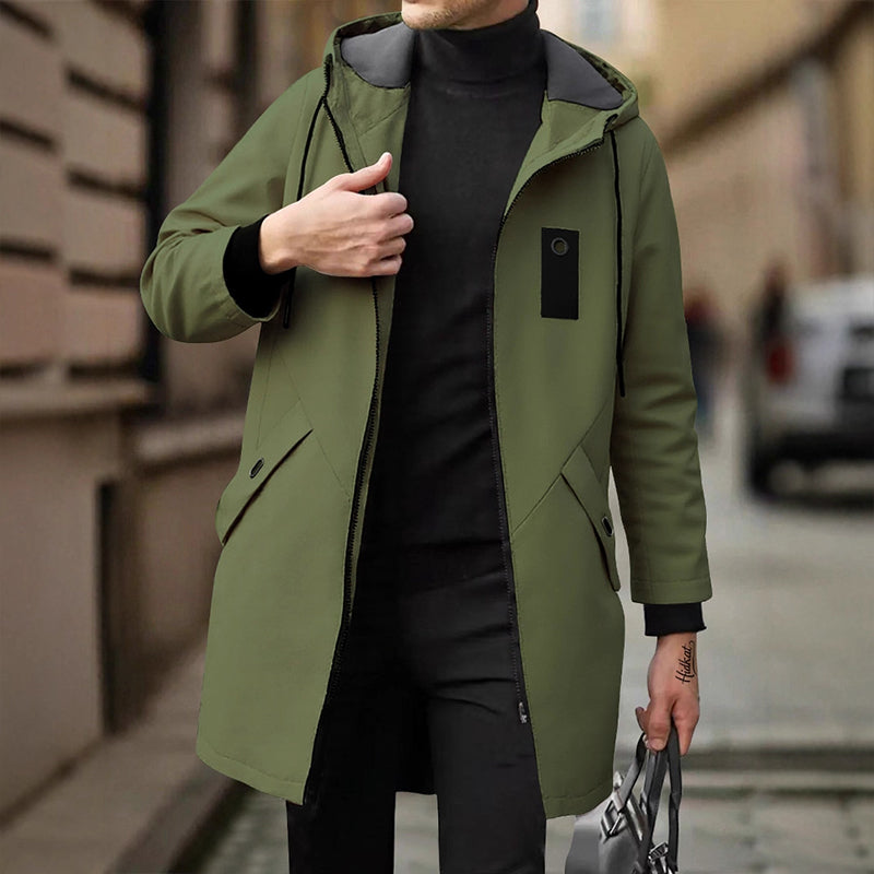 Men's Mid-Length Hooded Windbreaker Trench