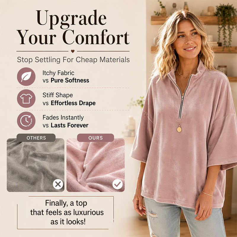 Women's 3/4 Sleeve Half-Zip Velvet Top