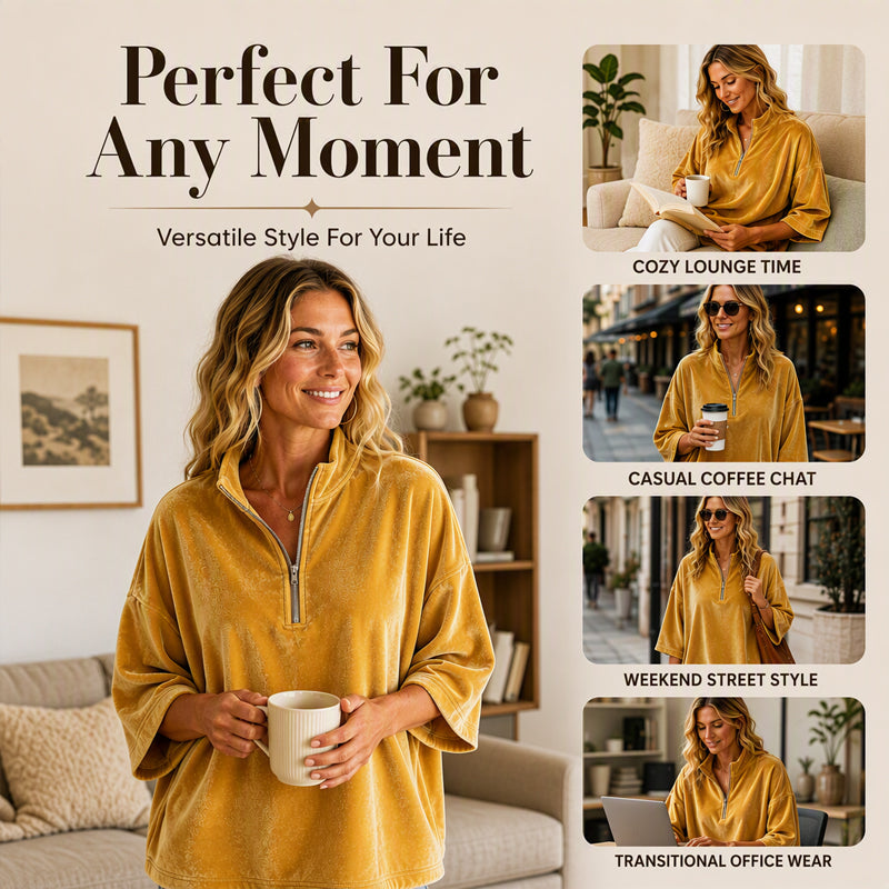 Women's 3/4 Sleeve Half-Zip Velvet Top
