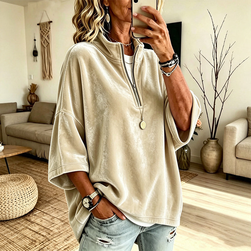 Women's 3/4 Sleeve Half-Zip Velvet Top