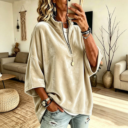 Women's 3/4 Sleeve Half-Zip Velvet Top