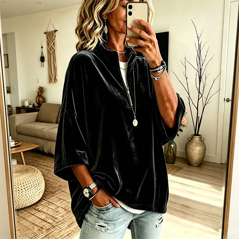 Women's 3/4 Sleeve Half-Zip Velvet Top