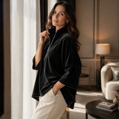 Women's 3/4 Sleeve Half-Zip Velvet Top