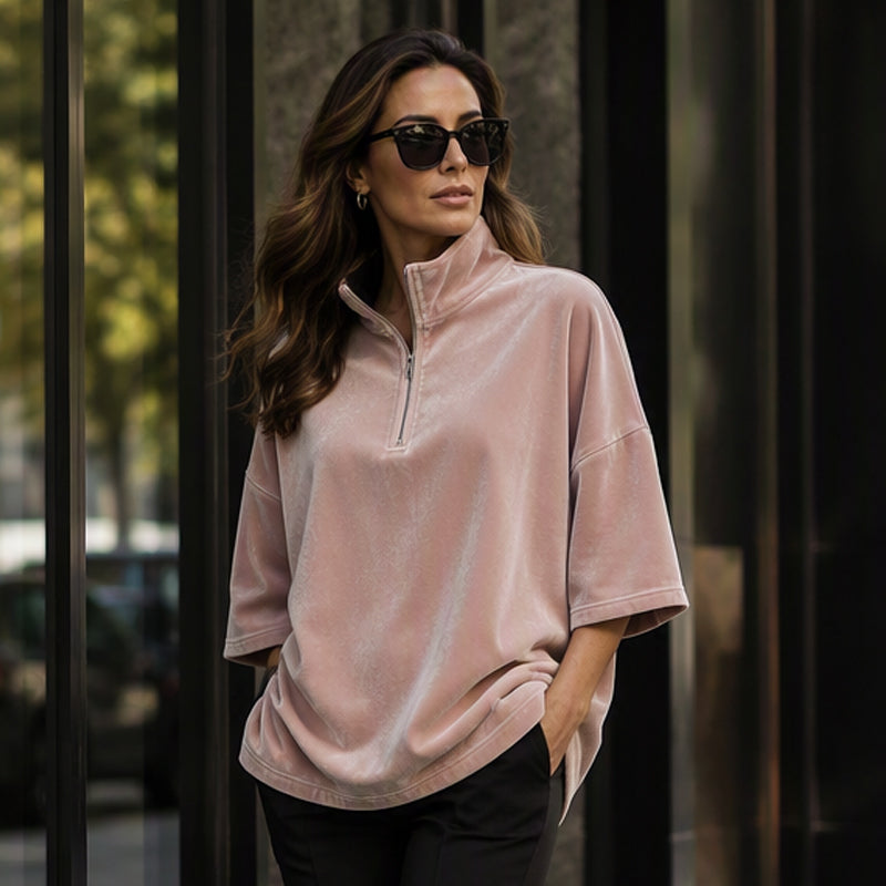 Women's 3/4 Sleeve Half-Zip Velvet Top