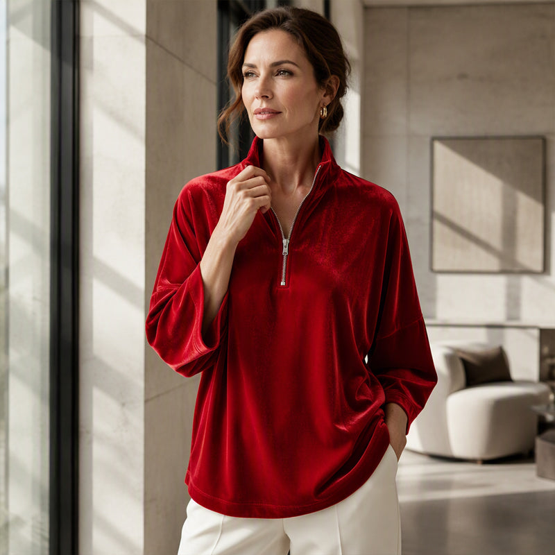 Women's 3/4 Sleeve Half-Zip Velvet Top