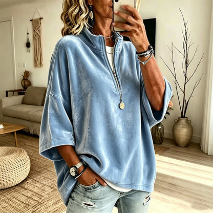 Women's 3/4 Sleeve Half-Zip Velvet Top