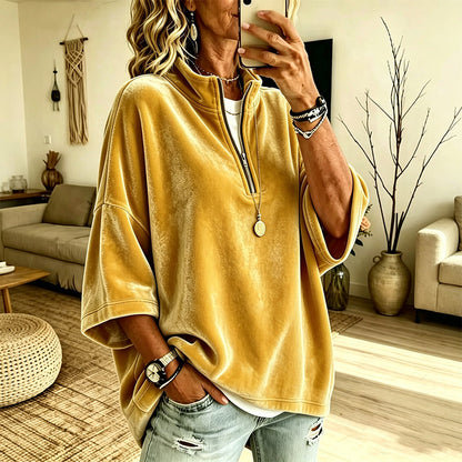 Women's 3/4 Sleeve Half-Zip Velvet Top
