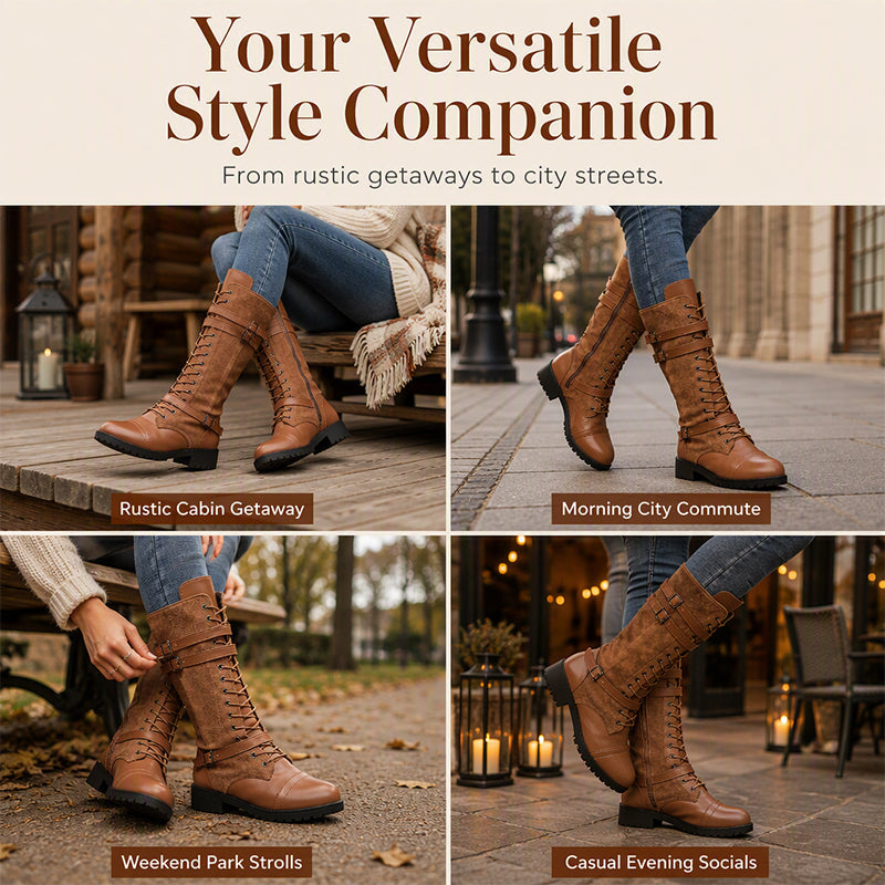 Women's Vintage Combat Boots with Laces and Buckle