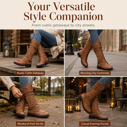 Women's Vintage Combat Boots with Laces and Buckle