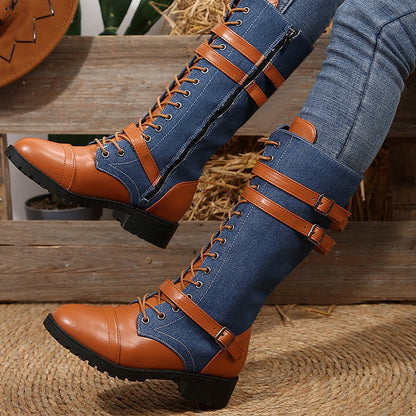Women's Vintage Combat Boots with Laces and Buckle