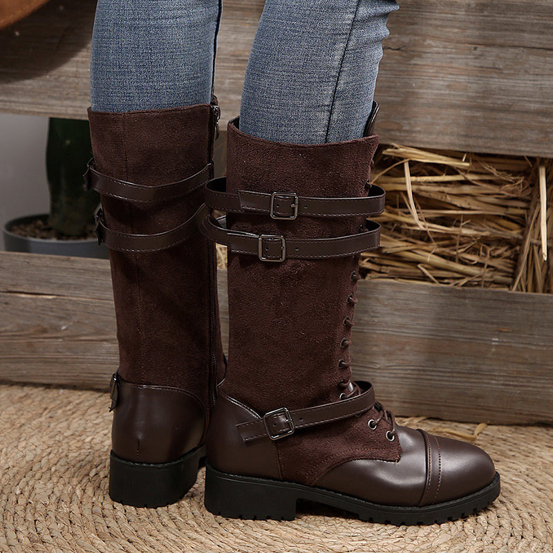 Women's Vintage Combat Boots with Laces and Buckle