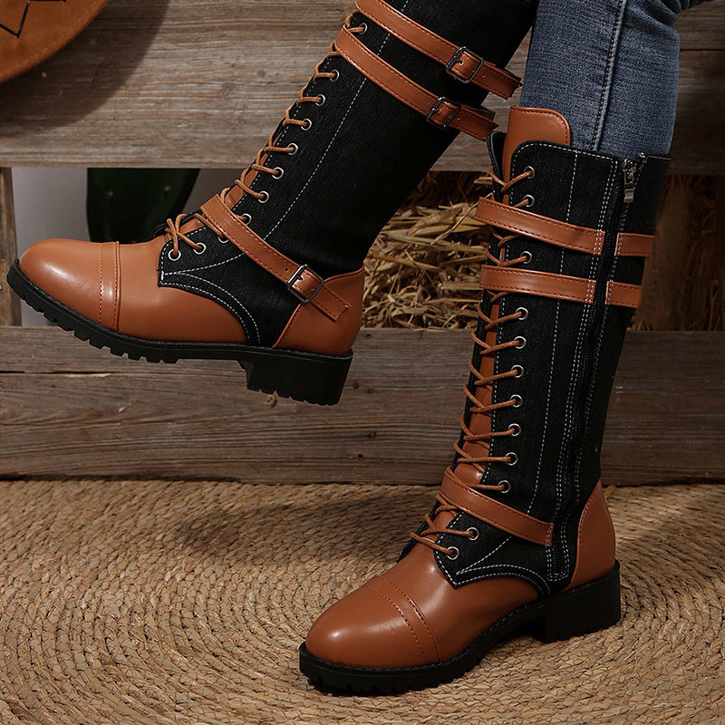 Women's Vintage Combat Boots with Laces and Buckle