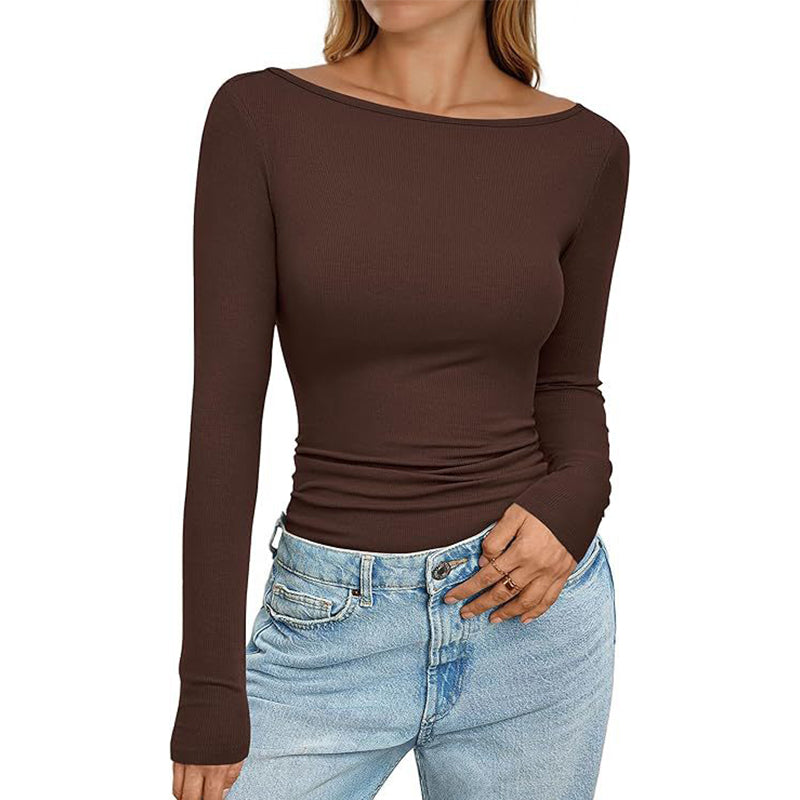 Women's Elegant Boat Neck Ribbed Knit Top