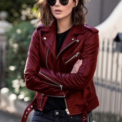 Women's Cropped PU Leather Moto Biker Jacket