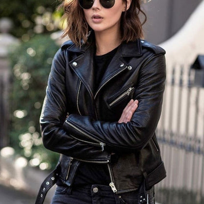 Women's Cropped PU Leather Moto Biker Jacket
