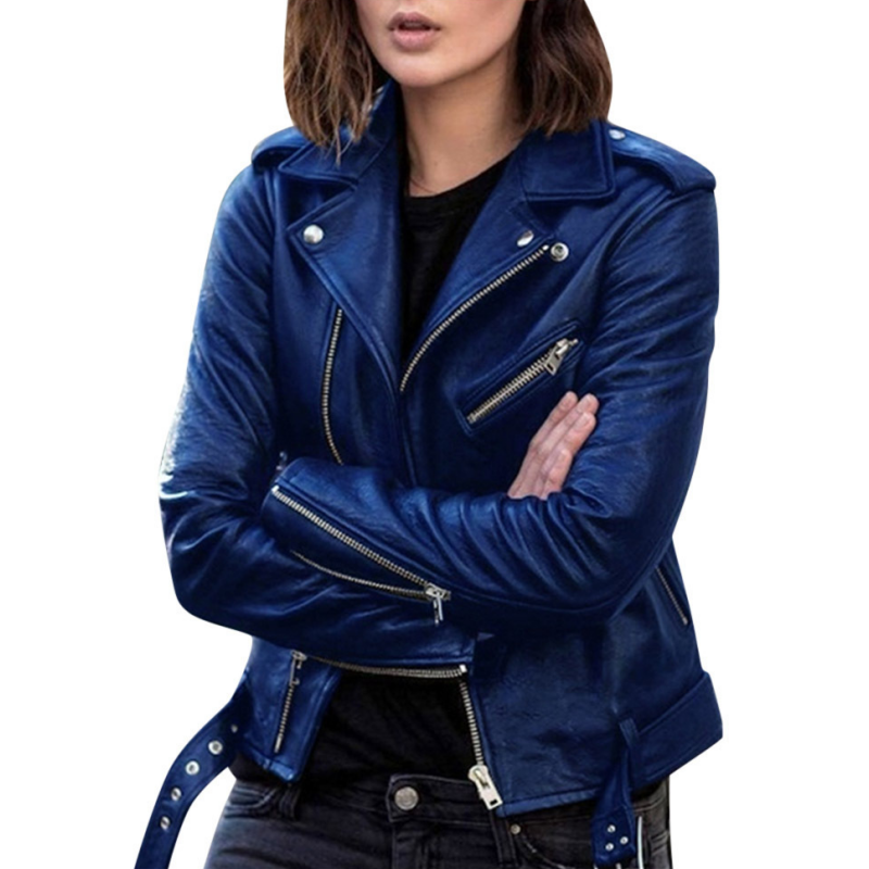 Women's Cropped PU Leather Moto Biker Jacket