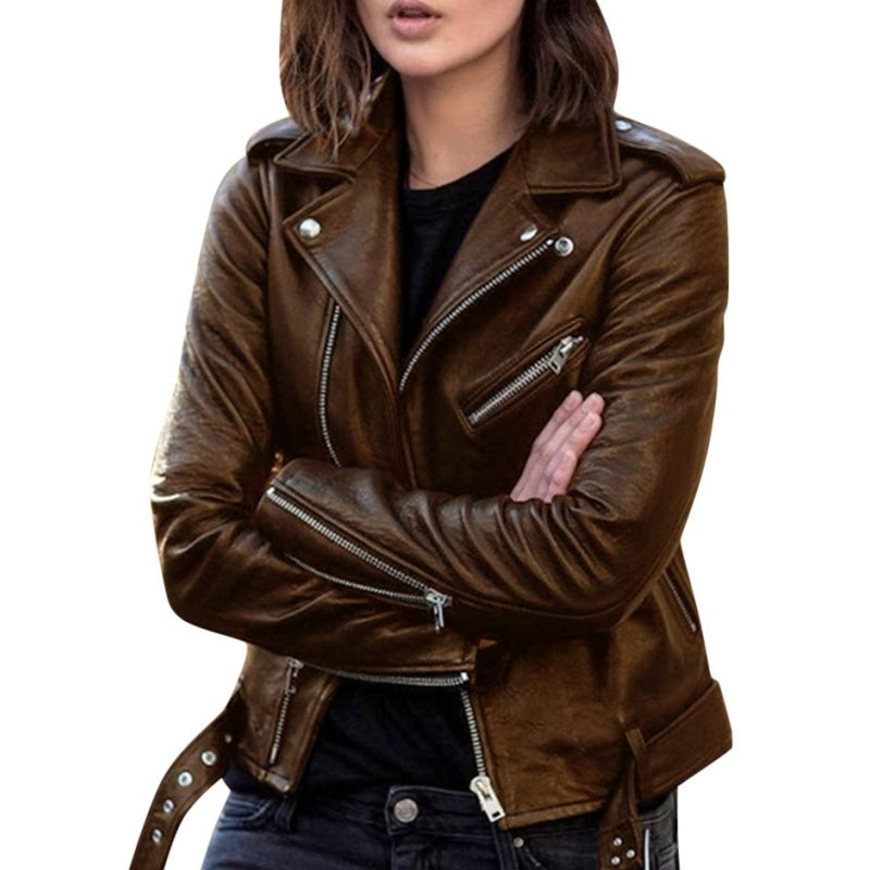 Women's Cropped PU Leather Moto Biker Jacket