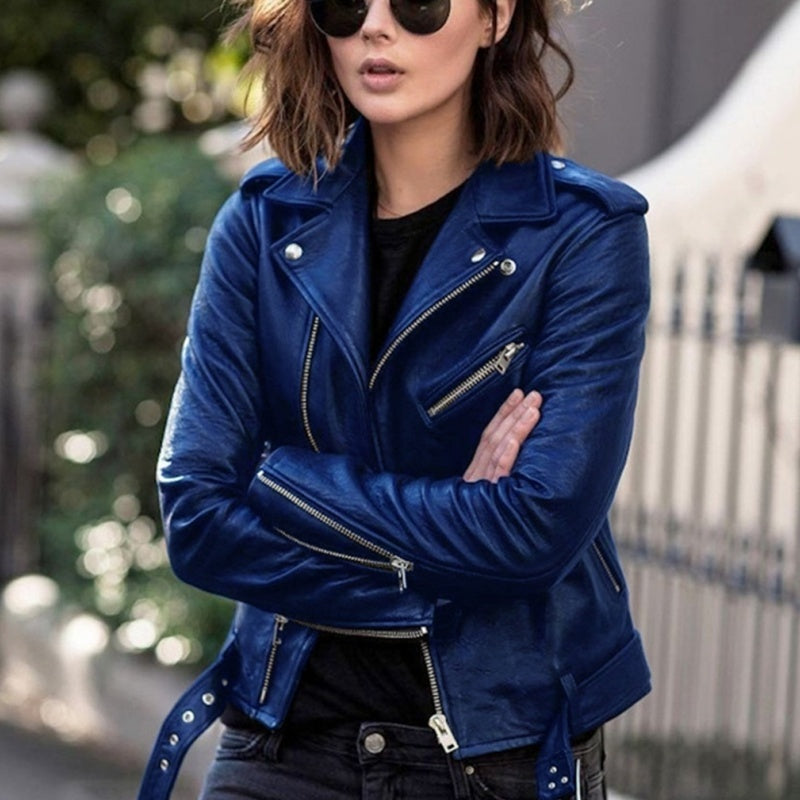 Women's Cropped PU Leather Moto Biker Jacket