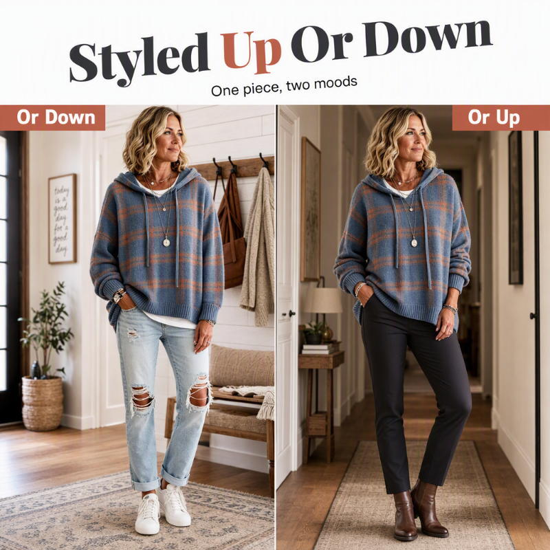 Women's Retro Plaid Hooded Knit Sweater