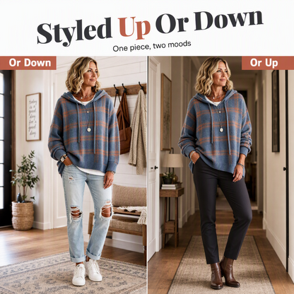 Women's Retro Plaid Hooded Knit Sweater