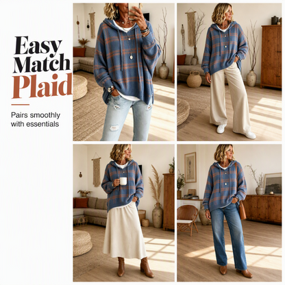 Women's Retro Plaid Hooded Knit Sweater