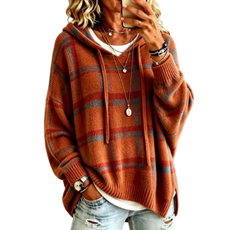Women's Retro Plaid Hooded Knit Sweater