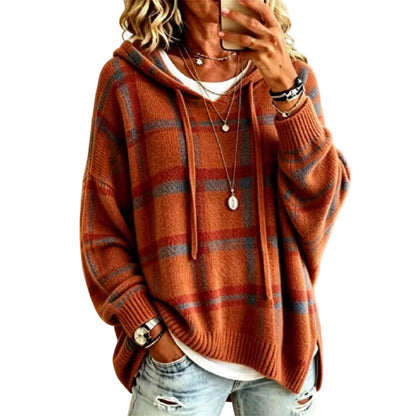 Women's Retro Plaid Hooded Knit Sweater
