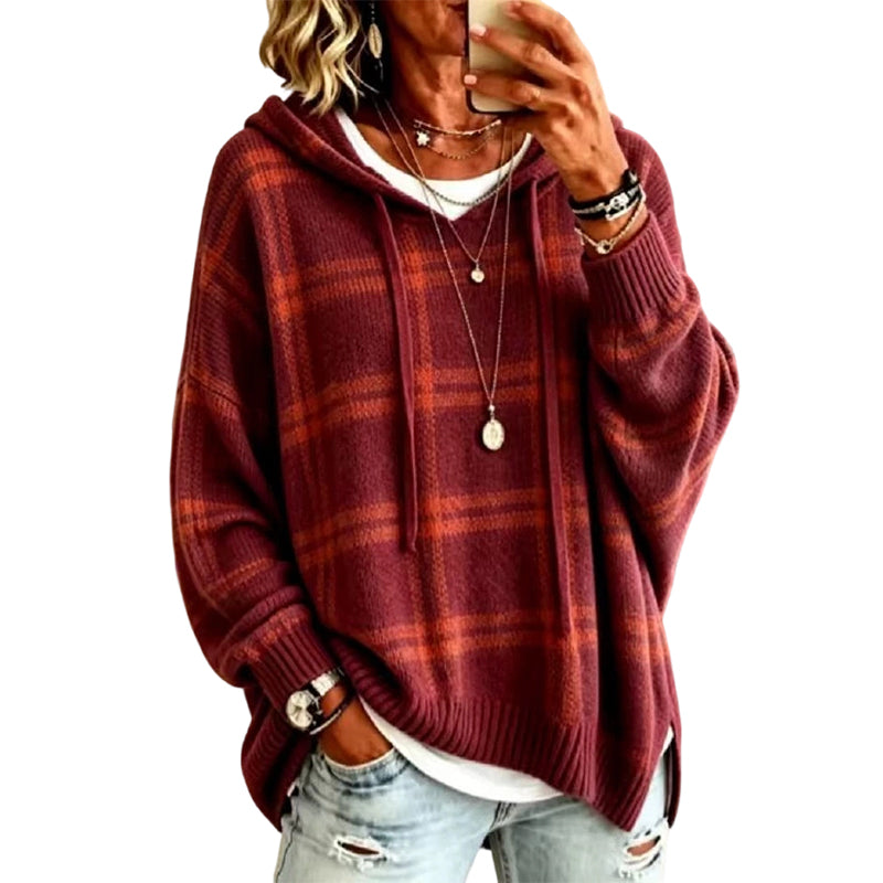Women's Retro Plaid Hooded Knit Sweater