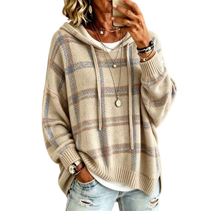 Women's Retro Plaid Hooded Knit Sweater