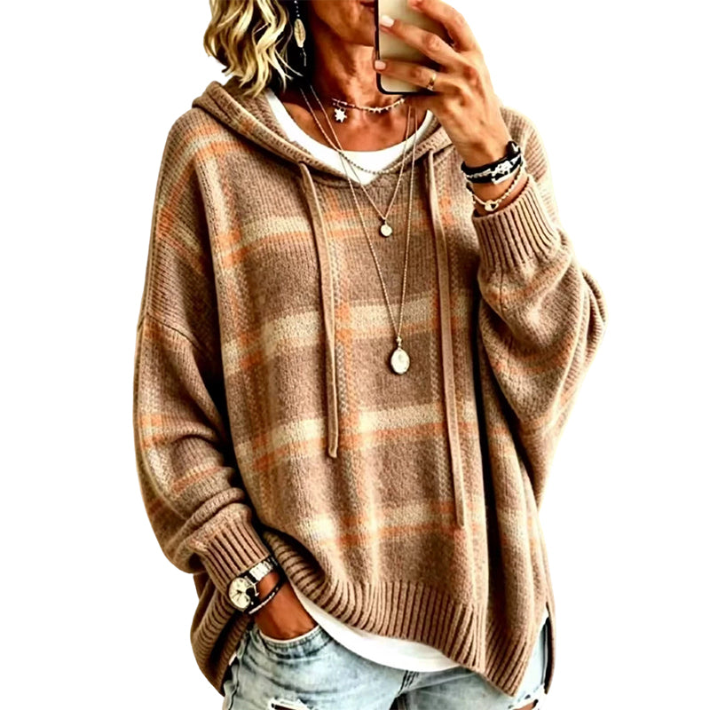 Women's Retro Plaid Hooded Knit Sweater