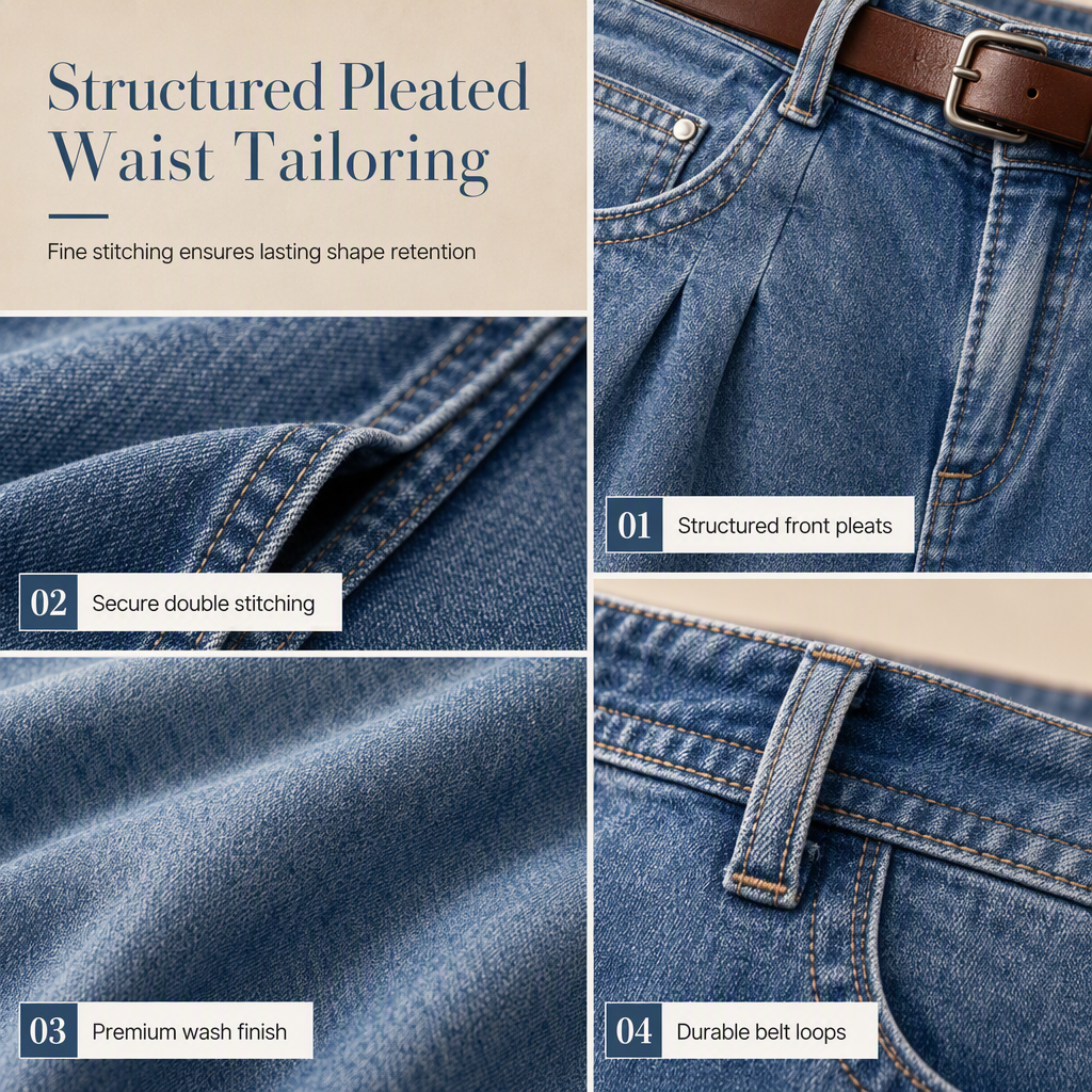 Women's Comfort Stretch Wide Leg Denim Pants with Pleated Waist and Ruffled Hem